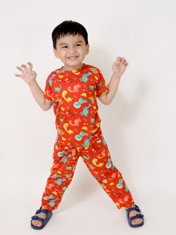 Cute boy in dinosaur print pajama set